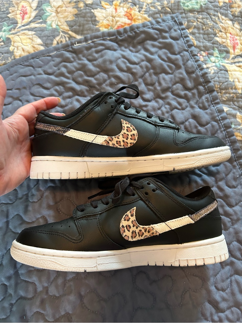 Nike Black Low-Top Sneakers with Leopard Swoosh and White Midsole